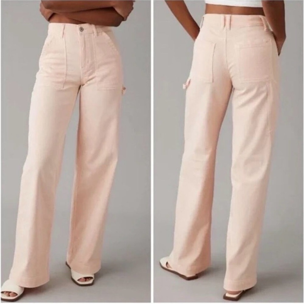 AE Dreamy Stretch High waisted baggy wide leg Pink Peach denim jeans 4